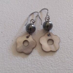 Monochromatic Flower Power! Floral Shell & Hematite Dangle Earrings